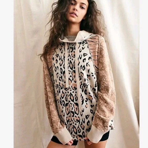 Free People Nala Hoodie Leopard Print Sweater Spiced Chai Combo Womens XS NWOT - Picture 1 of 6